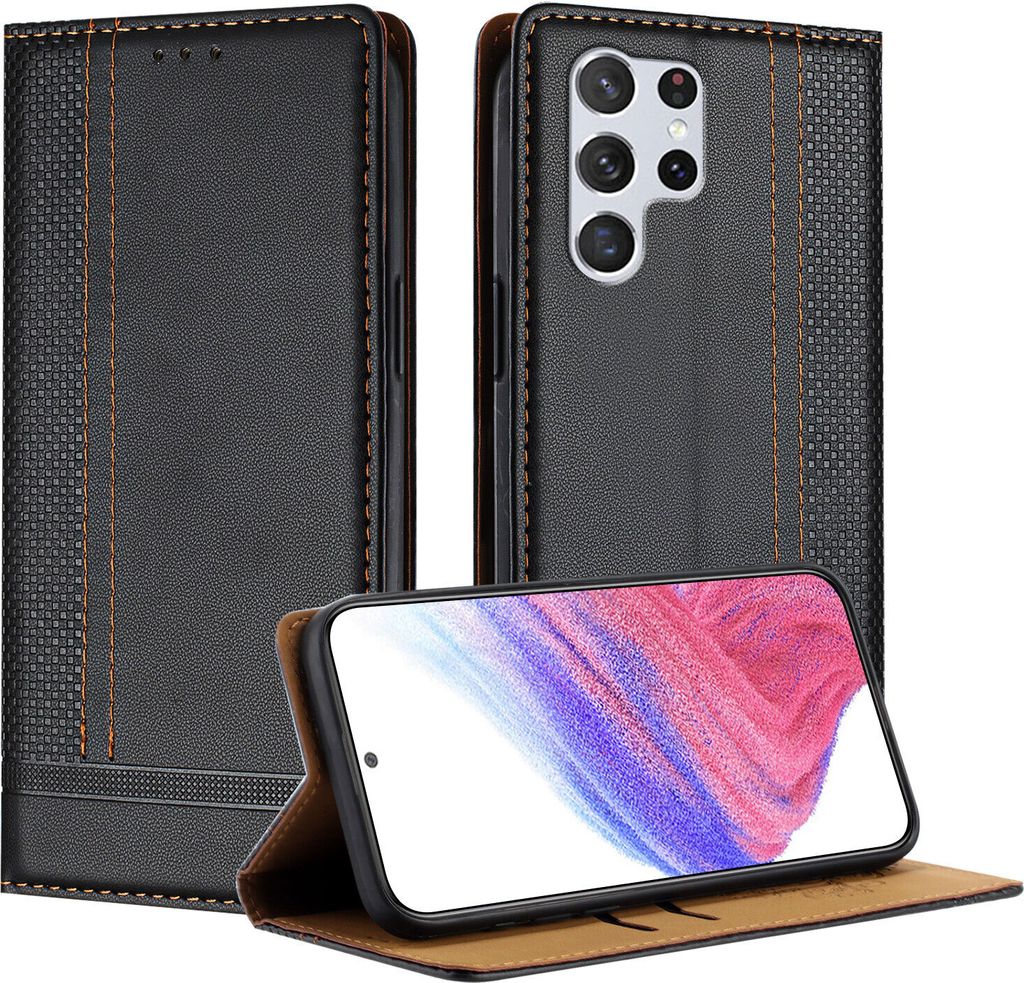 Handyhülle für Samsung Galaxy S22 Ultra 5G Leder Flip Klappbare Schutzhülle mit Standfunktion Schwarz