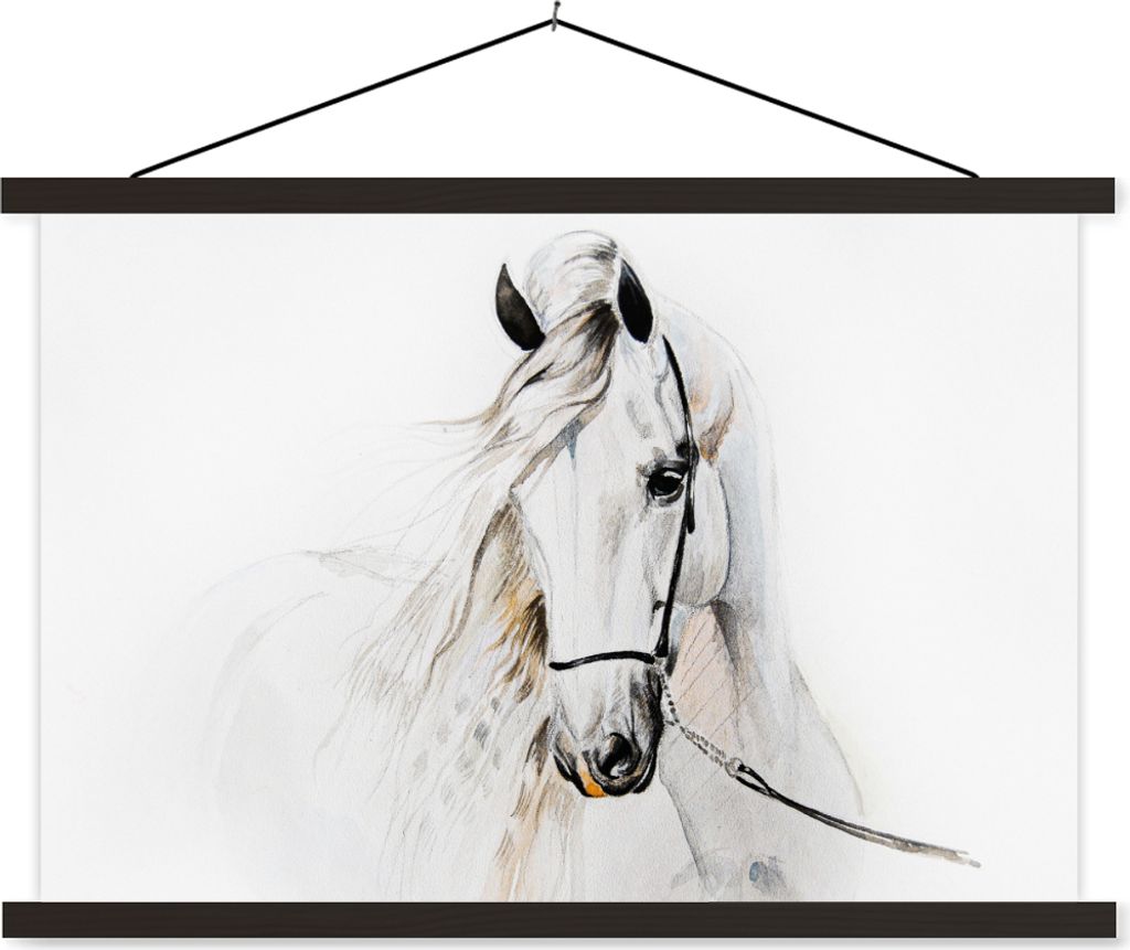 MuchoWow Textilposter Pferd - Aquarell - Tiere - Weiß 150x100 cm mit schwarzem Rahmen - Schlafzimmer