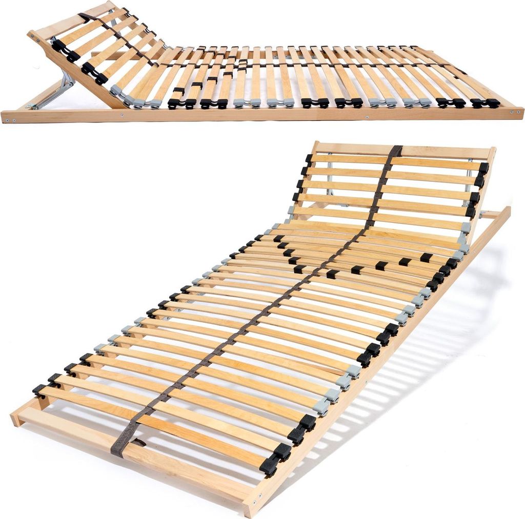 Two images of a wooden slatted bed base, one showing it in a slightly raised position with a metal support, and the other showing it fully extended.
