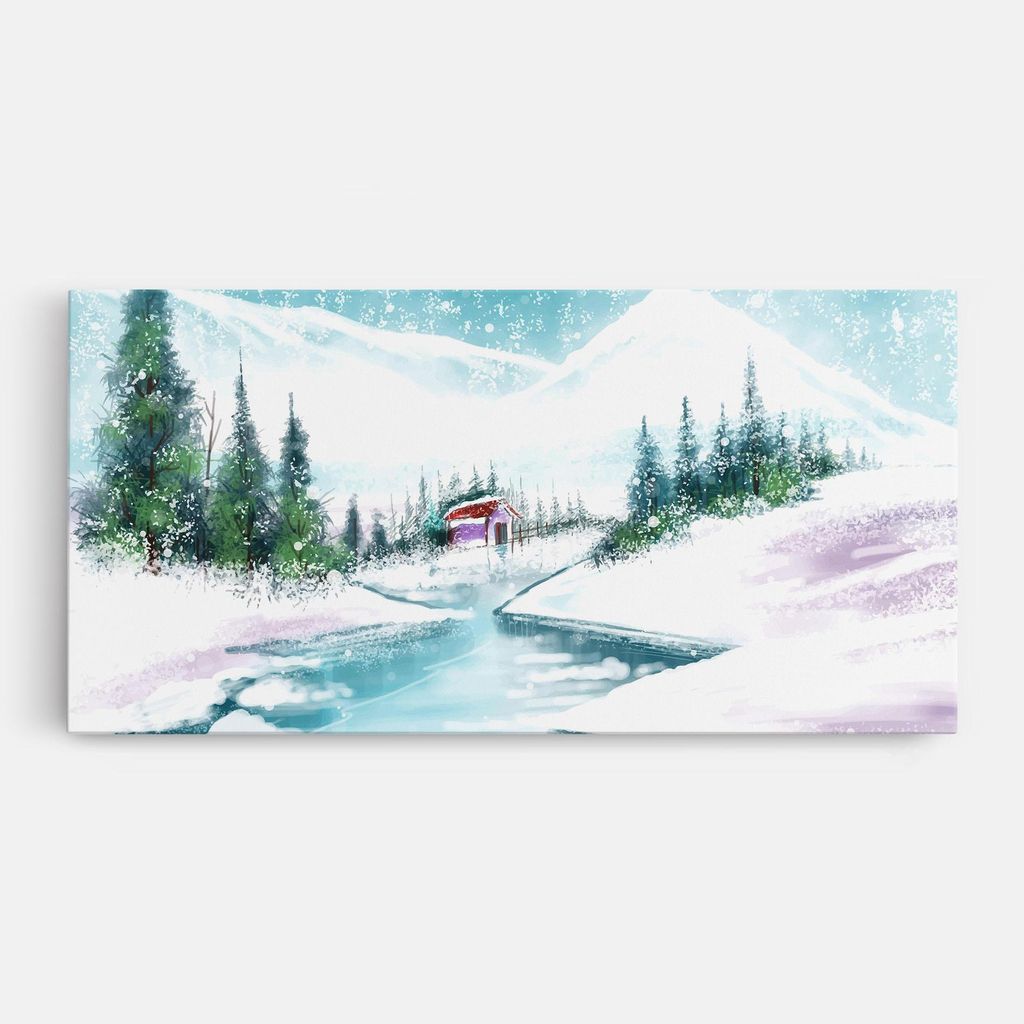 ARTHUB Leinwandbild 60x120 cm, Purple House Winter | Wohnzimmerdekoration, Hängende Bilder, Wanddekoration, Heimdekoration, Landschaften, Winter