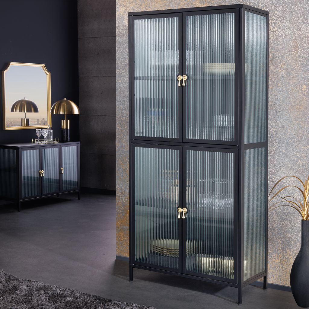 riess-ambiente Moderne Vitrine AMSTERDAM 180cm schwarz gold Riffelglas Metall Highboard Schrank