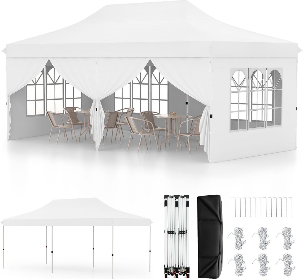 A white pop-up tent with tables and chairs inside, and a separate display of the tent components and accessories.