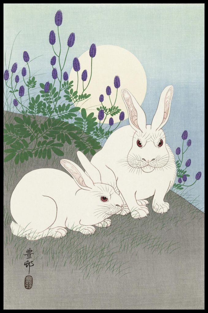 Plakat 56,6x86,4cm Kaninchen bei Vollmond, Japanischer Vintage Koson für das Wohnzimmer