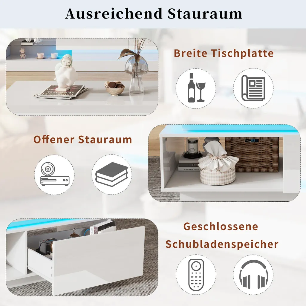Sweiko Tavolino moderno lucido con illuminazione a LED, 100x50x40,3 cm - Elegante tavolino con cassetto e portata di 50 kg - 11