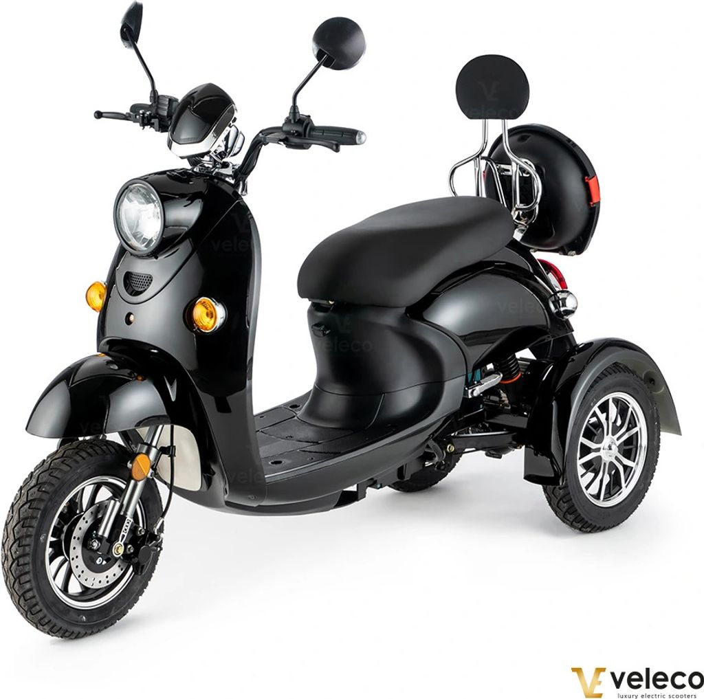 A black Veleco ZT63 electric scooter is shown from a three-quarter front angle against a white background.