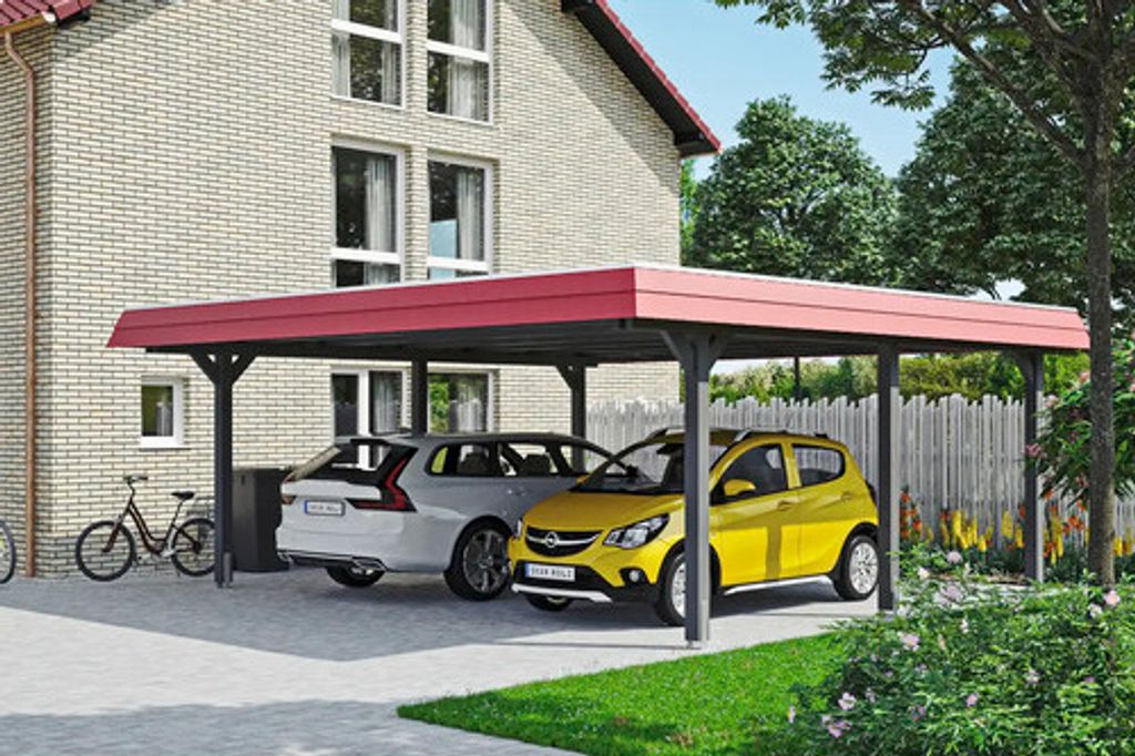 Doppelcarport SKAN HOLZ Wendland rote Blende inkl. Pfostenanker, EPDM Folie 630 x 637 cm schiefer