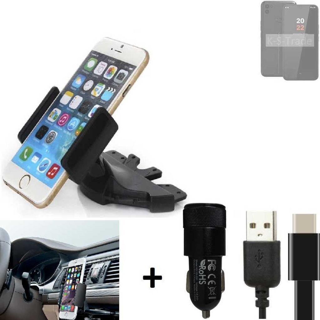 K-S-Trade CD Schlitz Handy-Halterung kompatibel mit Volla Phone 22 Autohalterung KFZ-Halter Radio Handy Halterung 360° drehbar CD-Schacht inkl. USB-C