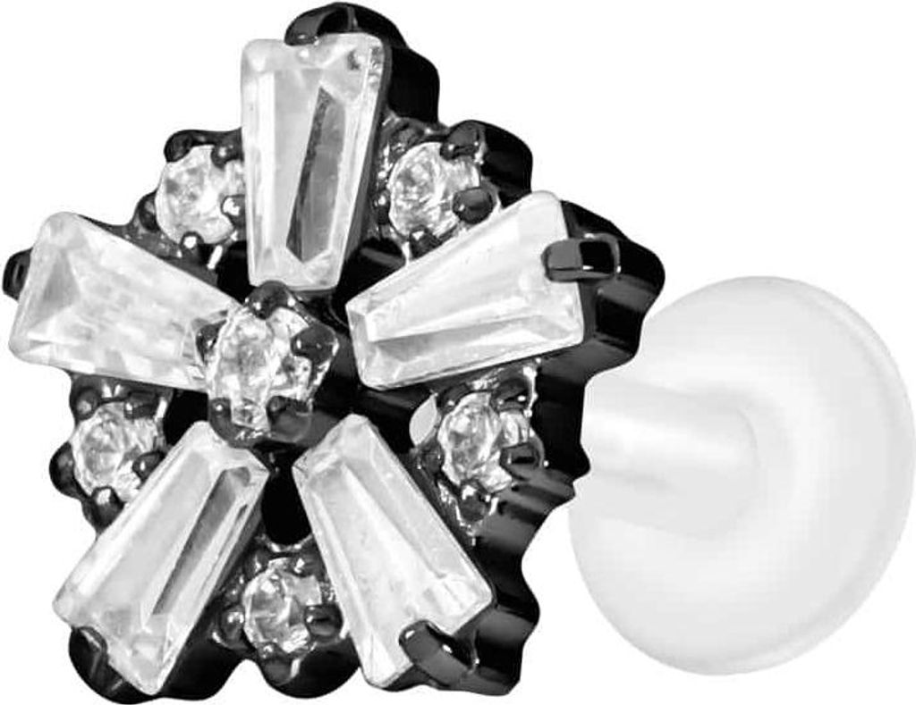 Ohrpiercing, Nasenpiercing PTFE Labret mit Innengewinde + Titan-Aufsatz SCHNEEFLOCKE Schwarz Stablänge: 6mm | Stabstärke: 1,6mm