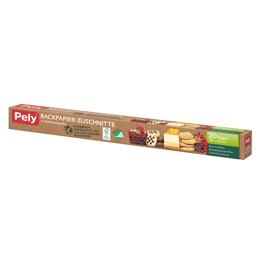 A long cardboard box with images of baked goods on it, representing baking paper sheets.