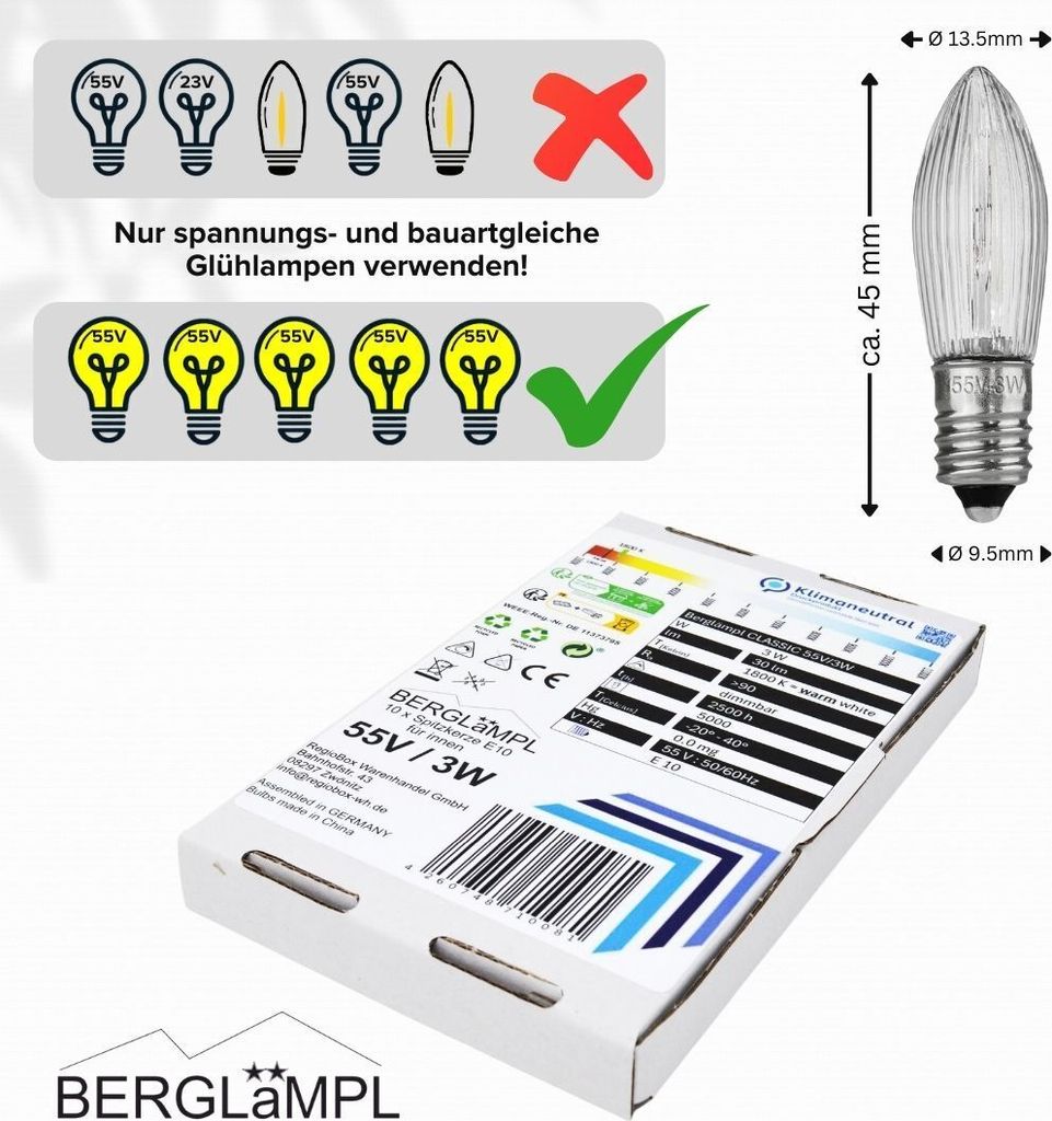 10x Stück E10 55V/3W Ersatzlampe für Schwibbogen, Produktbild 4
