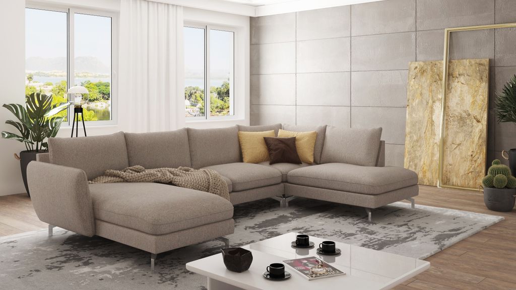 S-STYLE MÖBEL - Frema Wohnlandschaft mit Silber Metall Füßen aus Dunkelbeige Luxusmicrofaser - Ottomane links, B/T/H: 336 cm/ 200 cm/ 87 cm
