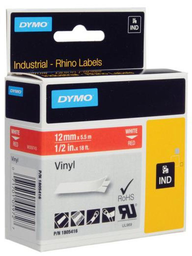 Dymo Rhino Band IND, Vinyl 12 mm x 5,5 m weiß auf rot Produktbild 