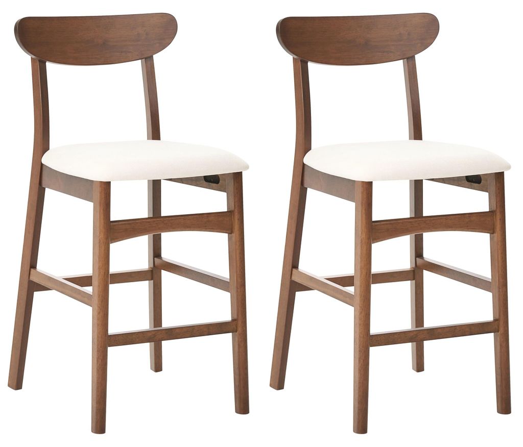 BELIANI Barstuhl 2er Set Braun u. Hellbeige Gummibaumholz mit Polstersitz Fußstütze ohne Armlehnen Retro Stil Holzstuhl Stuhl für Esszimmer Küche