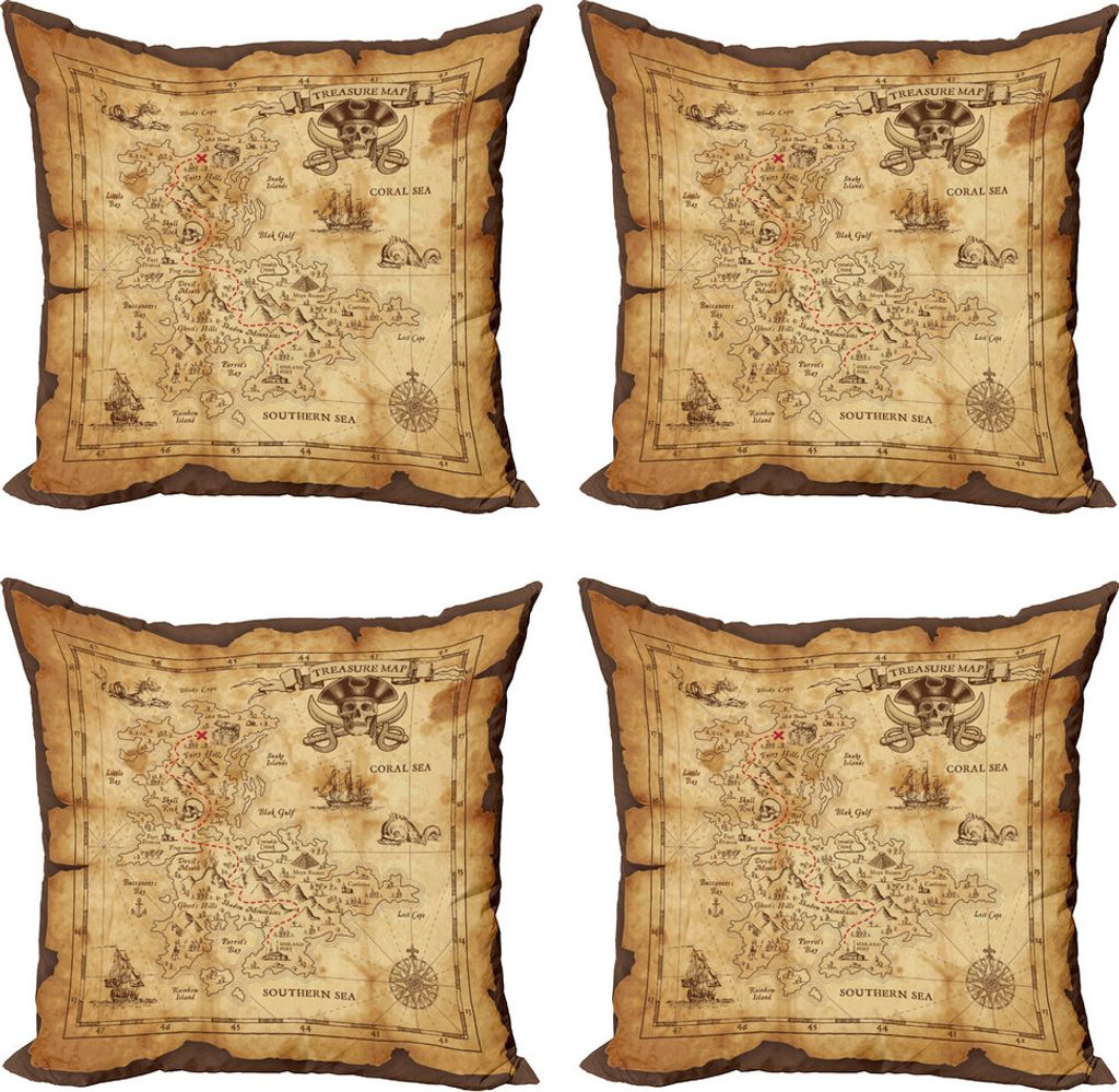 ABAKUHAUS Insel-Karte Kissenbezug Set (4 Stück), Altes Papier Schatzkarte, Moderner Doppelseitiger Digitaldruck, 45 cm x 45 cm, beige Braun