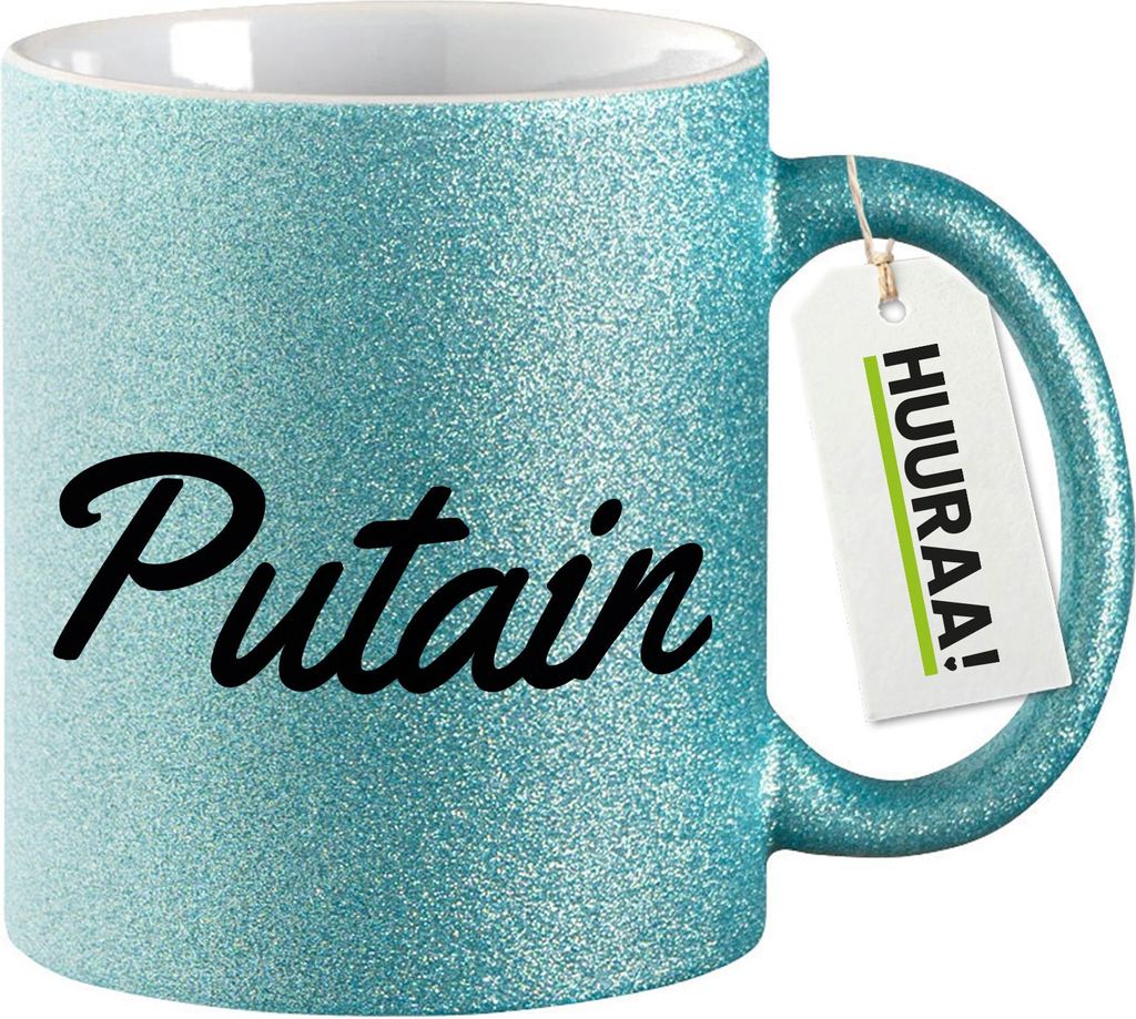 Huuraa Glitzertasse Putain französisch Schriftzug 330ml Blau Keramik Kaffeebecher Geschenkidee