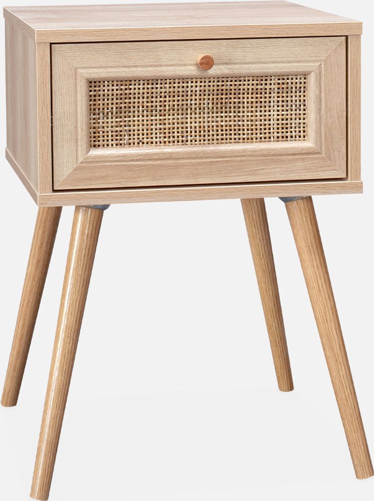 Comodino effetto legno e intrecciatura cannage, 1 cassetto, Immagine del prodotto 