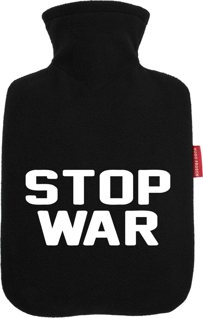 Huuraa Wärmflasche Stop War 1,8 Liter Black Classic Veloursbezug Bettflasche Geschenkidee