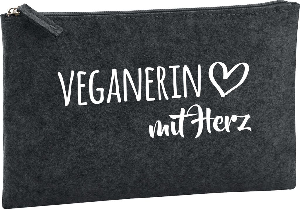 Huuraa Kulturbeutel Veganierin mit Herz 1 Liter Charcoal Filz Kosmetiktasche Geschenkidee