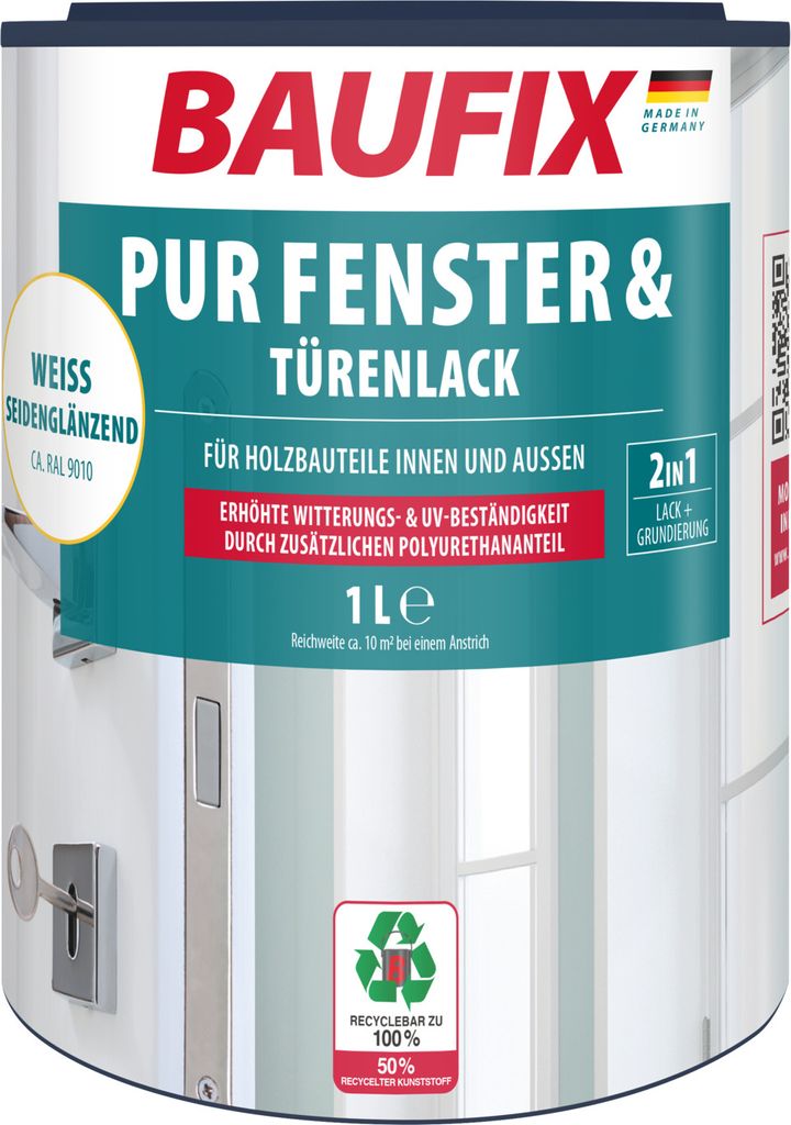 BAUFIX PUR Fenster- & Türenlack weiss seidenglänzend, 1 Produktbild 1