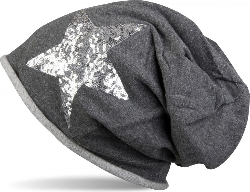 styleBREAKER Beanie Mütze mit silbernem Pailletten Stern und Rollrand, Damen 04024056