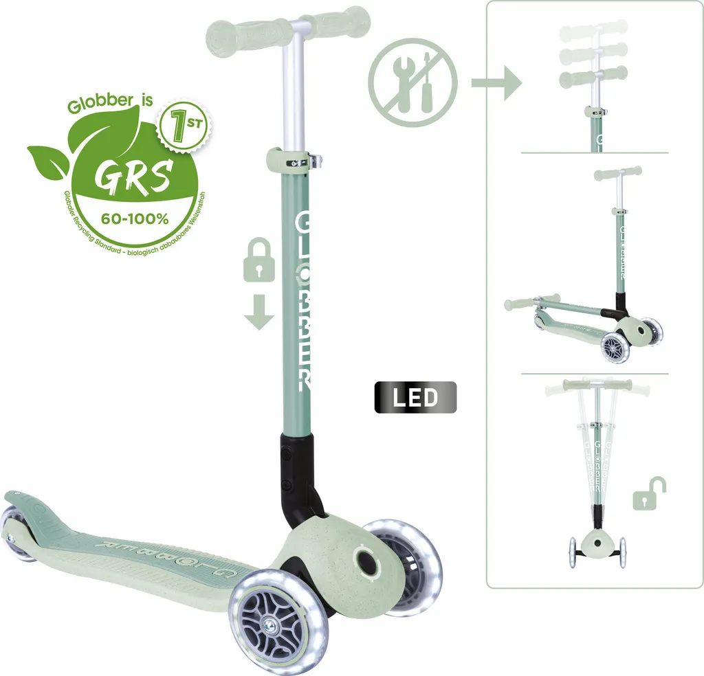 Globber Primo Foldable Lights Eco Pistache - Trottinette Pliable Enfant