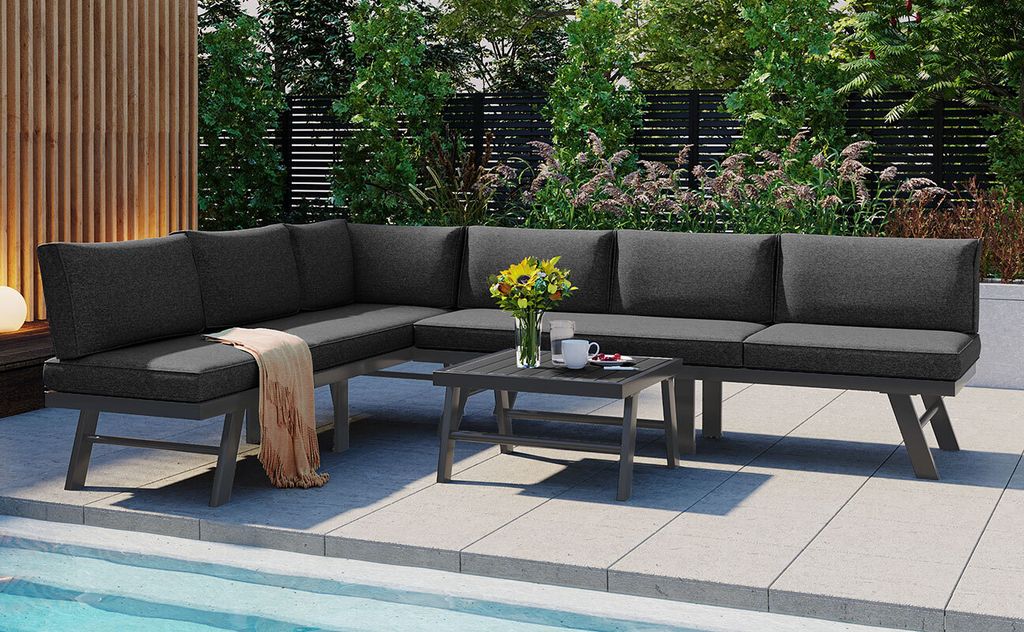 MODFU Gartenlounge Set für 5-6 Personen, 1x2-Sitzer-Sofa, 2x Einzelstühle, 2 Ecksofas, 1 Tisch, Enthält 7 graue Kissen,dunkelgraues Aluminiumges...