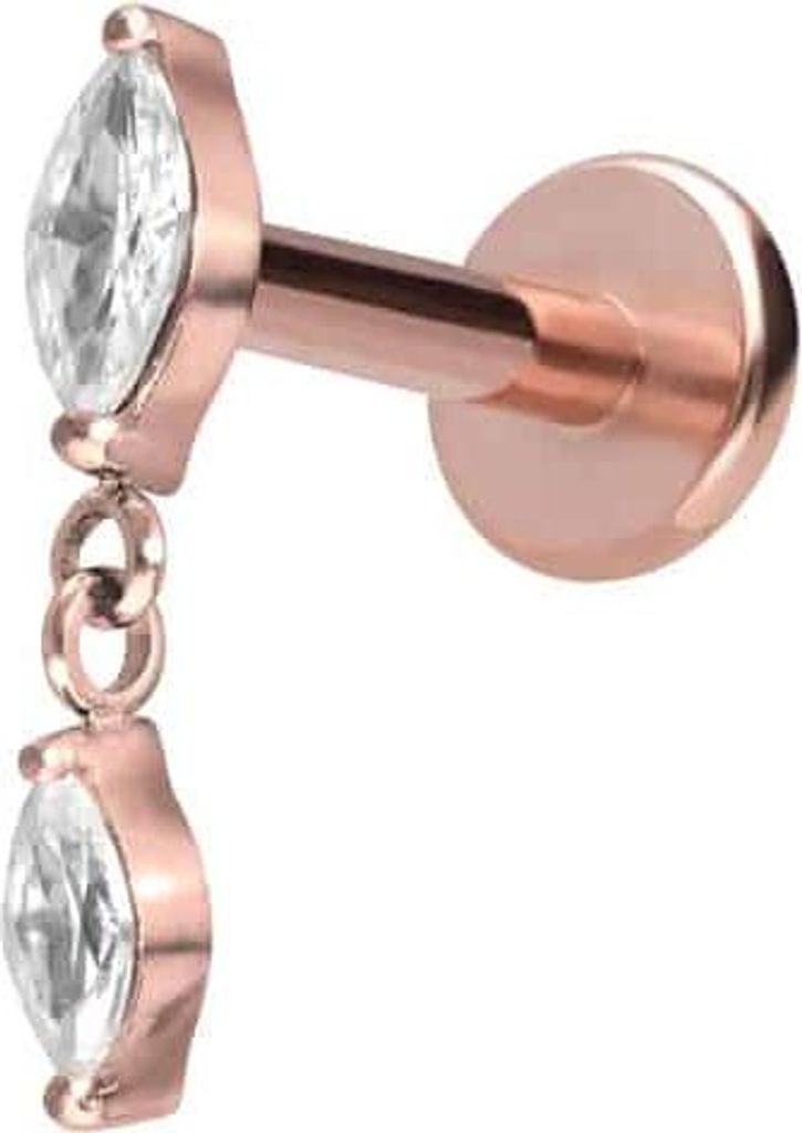 Ohrpiercing, Nasenpiercing Titan Labret mit Push Fit 2 KRISTALLTROPFEN RoséGold Stablänge: 7mm | Stabstärke: 1mm