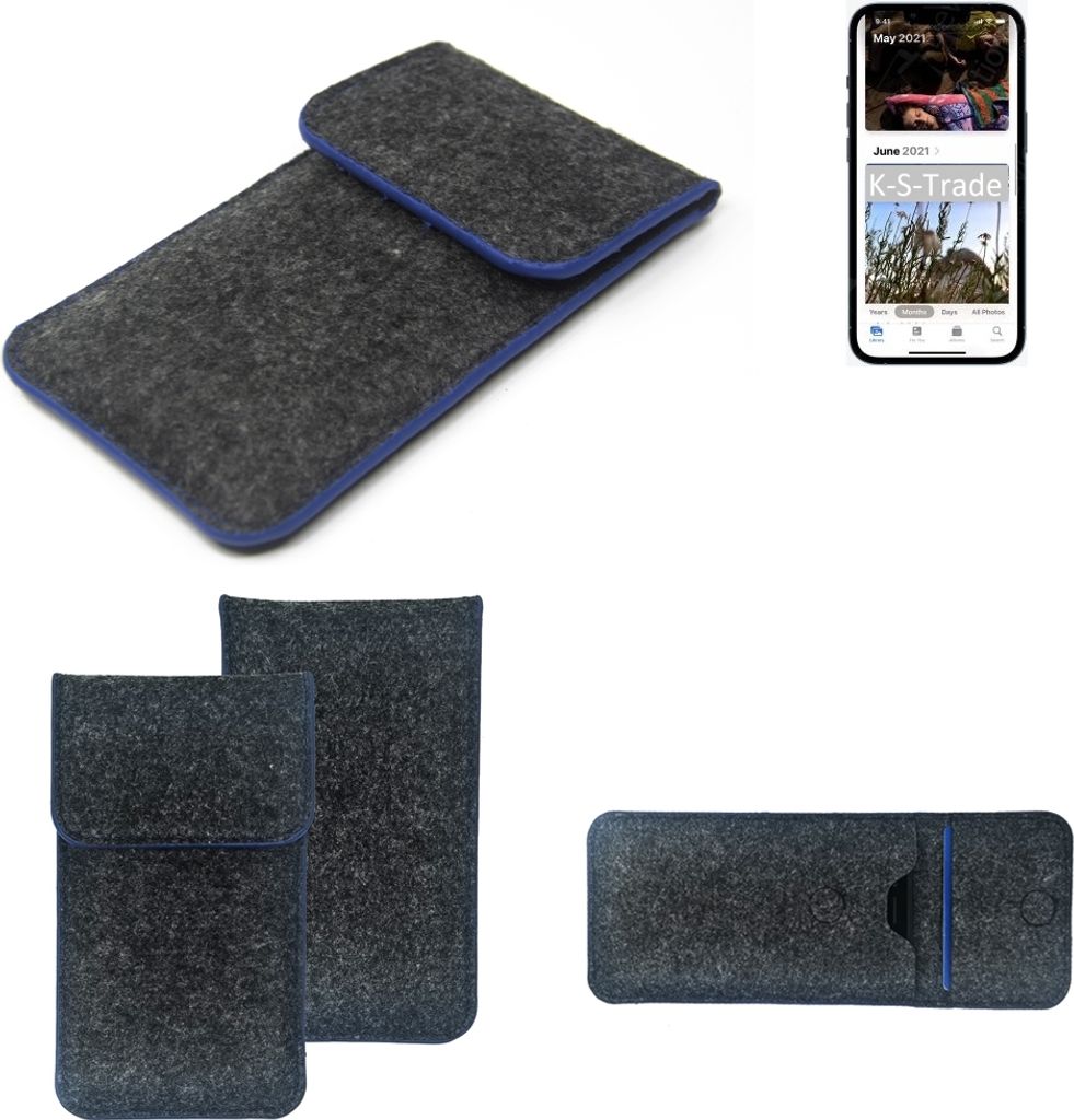 K-S-Trade Handy-Hülle Schutz-Hülle kompatibel mit Apple iPhone 13 Pro Filztasche Pouch Tasche Case Sleeve Filzhülle dunkelgrau, blauer Rand