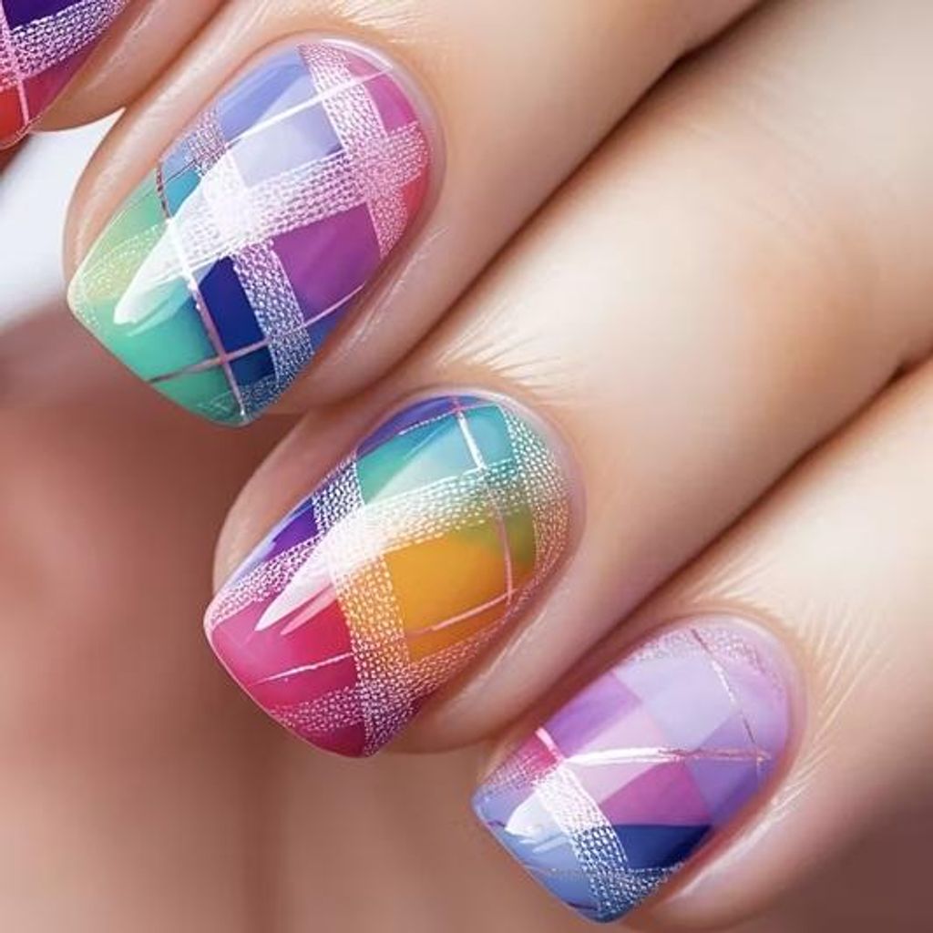 GKA Künstliche Fingernägel 24p G47 zum Aufkleben press on Nails Klebepads bunt Karo mit Kleber und Nagelfeile Nägel Kunstnägel Express Nagelstudio