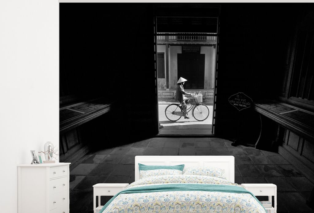 MuchoWow Fototapete für Wohnzimmer oder Schlafzimmer Wandtapete Vinyl Motivtapete Tür - Fahrrad - Straße - Architektur - 300x240 cm - Fototapeten