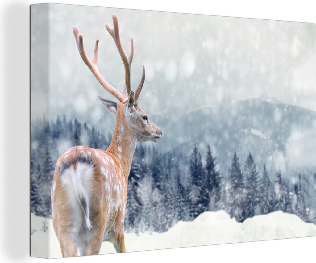 OneMillionCanvasses - Leinwandbilder - 150x100 cm, Rotwild - Schnee - Tier, Wandbilder Kunstdruck Wanddekoration - Foto auf Leinwand - Gemälde a...