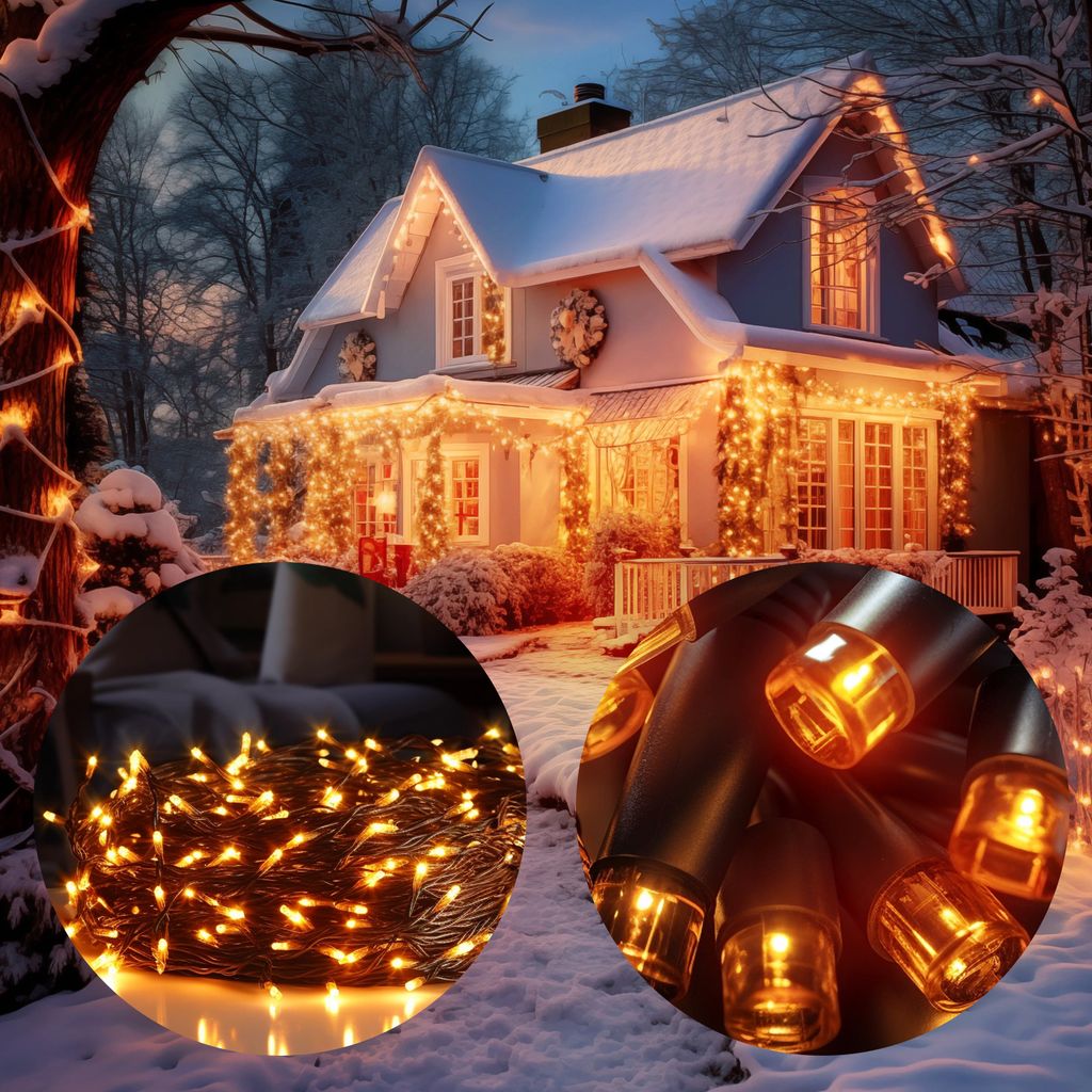 A house decorated with Christmas lights in the snow, with close-up insets of the lights.