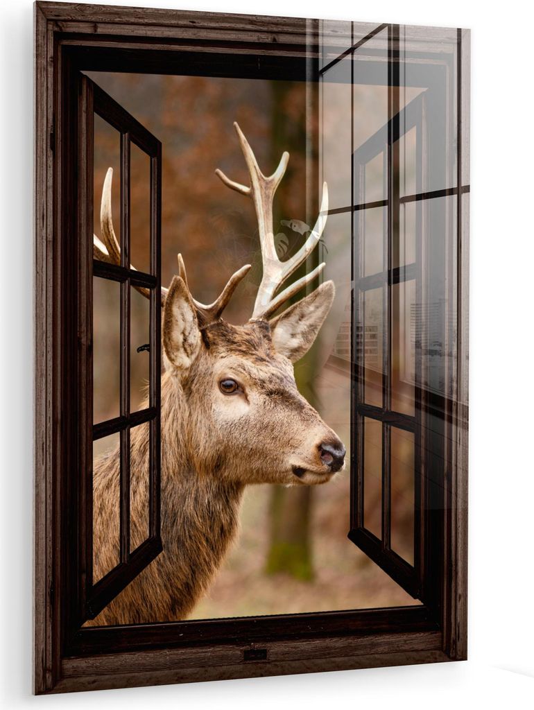 MuchoWow Glasbilder - Bilder auf Wandbild - Foto auf Glas Hirsch - Tier - Wald - Herbst - Hirschkopf - Braun - Durchsichtig 60x80 cm Wanddekoration...