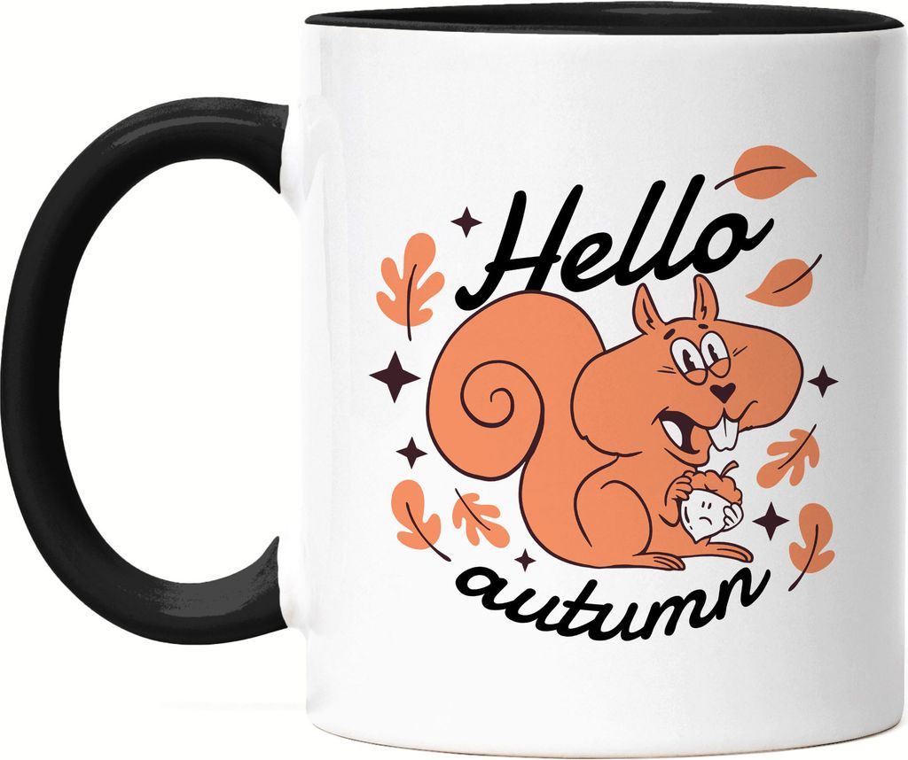 Hello Autumn Tasse Schwarz Herbst Bunte Blätter Laub Kastanie Süßes Eichhörnchen Jahreszeit Oktober Herbstbeginn