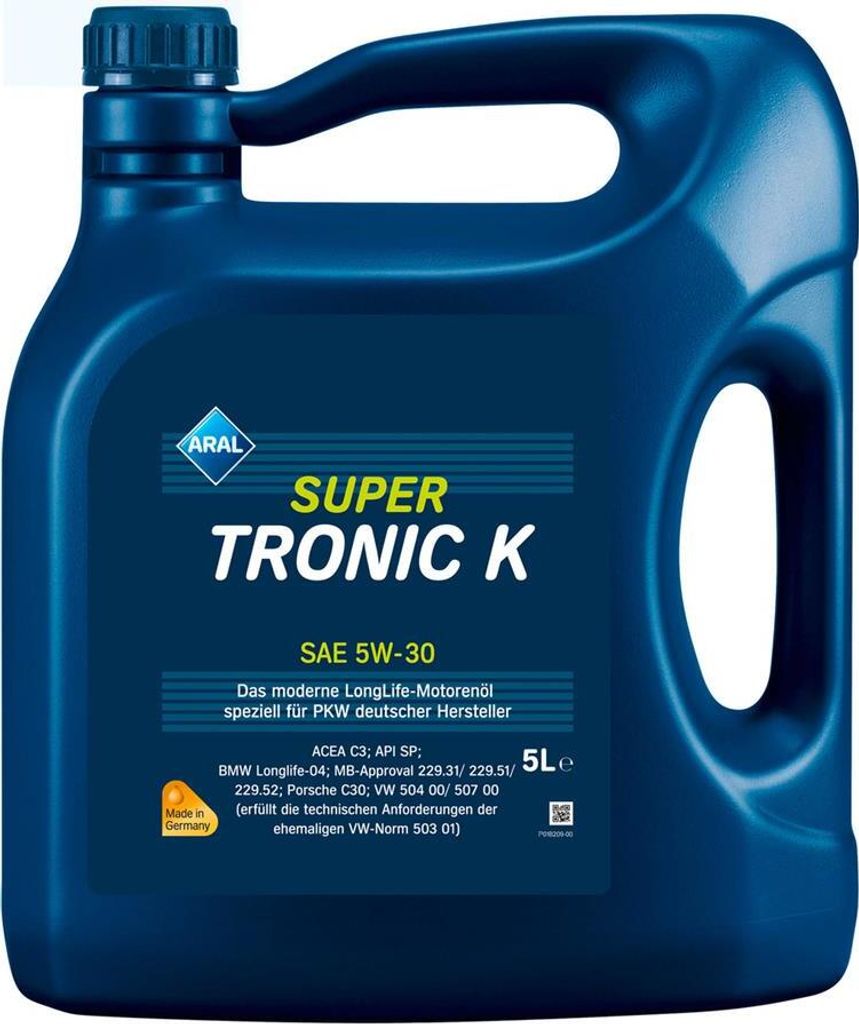 A blue plastic jug of motor oil with product information and branding.