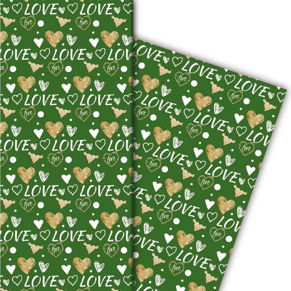 Romantisches Liebes Geschenkpapier mit Herzen, weiß, grün - G4838, 32 x 48cm