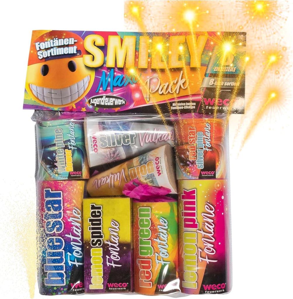 XXL Smiley Silvester & Feuerwerk 2026 – F1 Jugendfeuerwerk Set mit Wunderkerzen & Knallerbsen (Smiley)