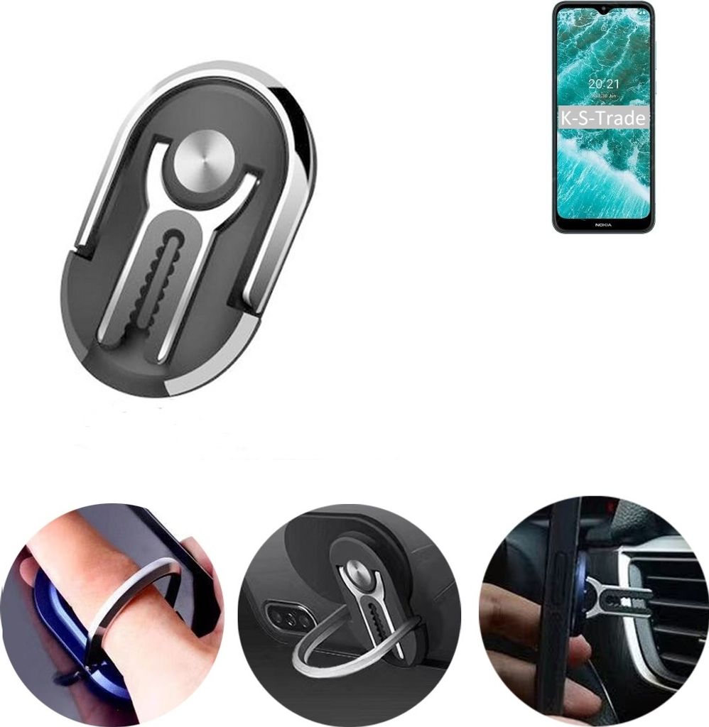 K-S-Trade 3in1 Smartphone-Ring Handy-Ring kompatibel mit Nokia C30 Fingerhalterung Handyring Tischständer Lüftungsgitter-Halterung Tisch Ständer