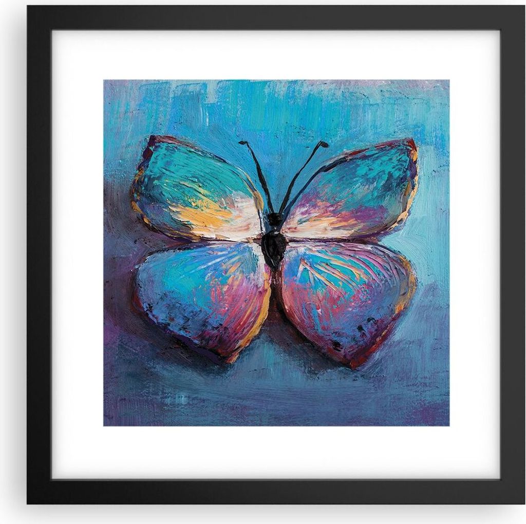 Gerahmtes Poster - Schwarzer Rahmen - Handschriftlich Schmetterling Blau - 30x30 cm - Wand Bild - Wanddeko - Wandbilder - Kunstposter - Wandposter ...