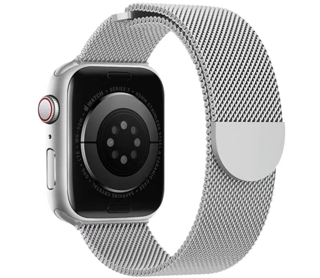 Stravo Luxe Milanaise-Armband für Apple Watch 42 mm (Serie 11/10), 41/40/38 mm & SE 1–3 – Edelstahl-Metallarmband mit Magnetverschluss – Silber
