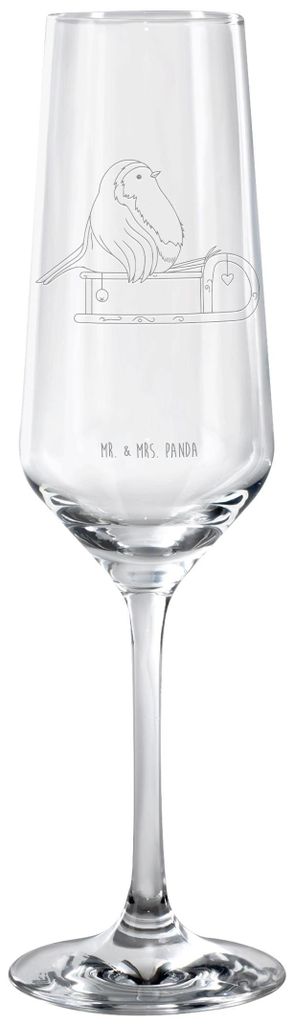 Mr. & Mrs. Panda Glas Rotkehlchen Schlitten - Transparent - Geschenk, Weihnachten, Champagnerglas, Trinkglas, Flute, Sektglas mit Gravur, Vogel