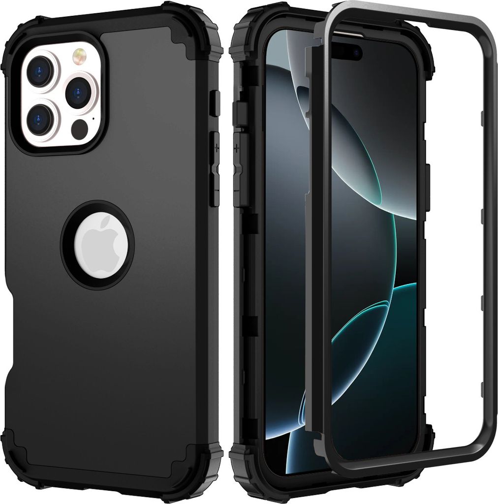 Handyhülle für iPhone 16 Pro Hybrid 3 in 1 PC TPU Stossfest Robust Hülle Schwarz