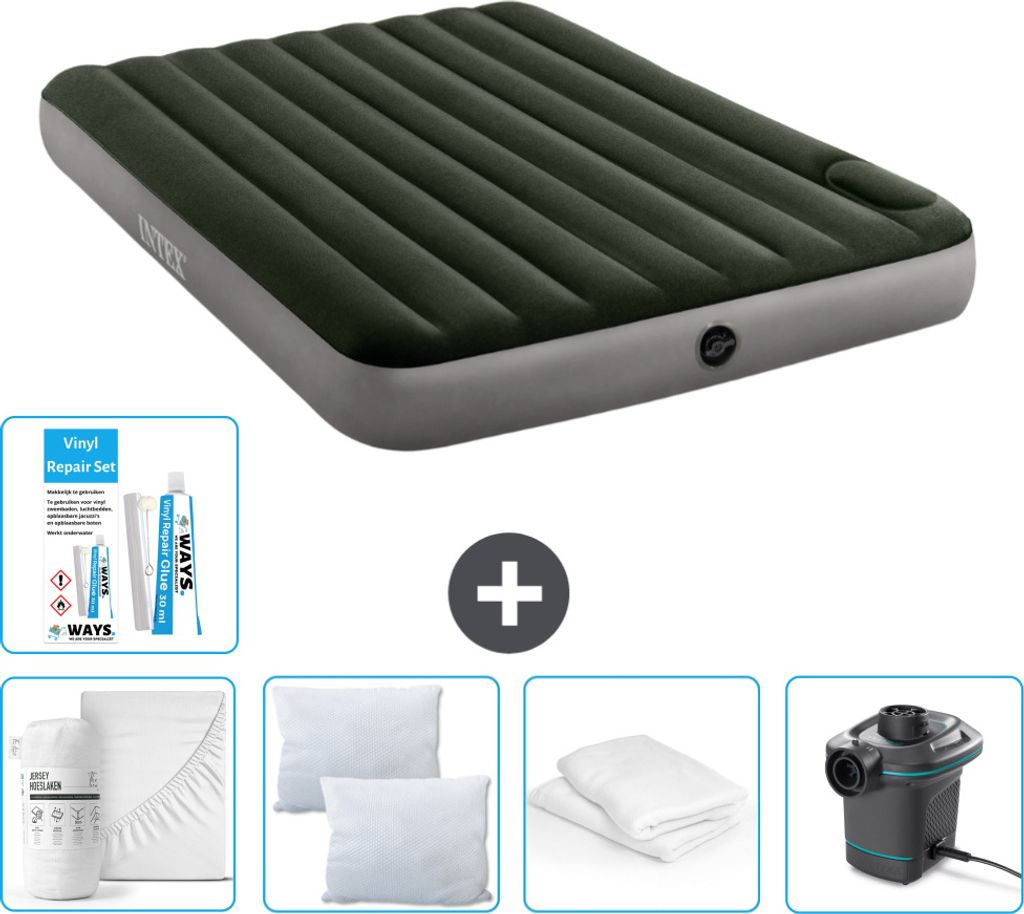 Intex Luftbett - 2 Personen - 152 x 203 x 25 cm - Grün - Spannbettuch - Küssen - Pumpe - Reperaturset en Kissenschutz