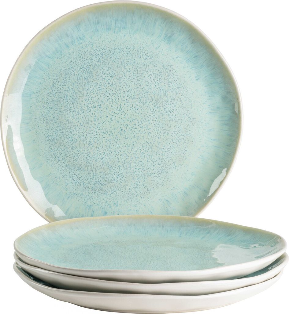 A stack of four plates with a light blue speckled glaze and a tan rim, presented on a white background.