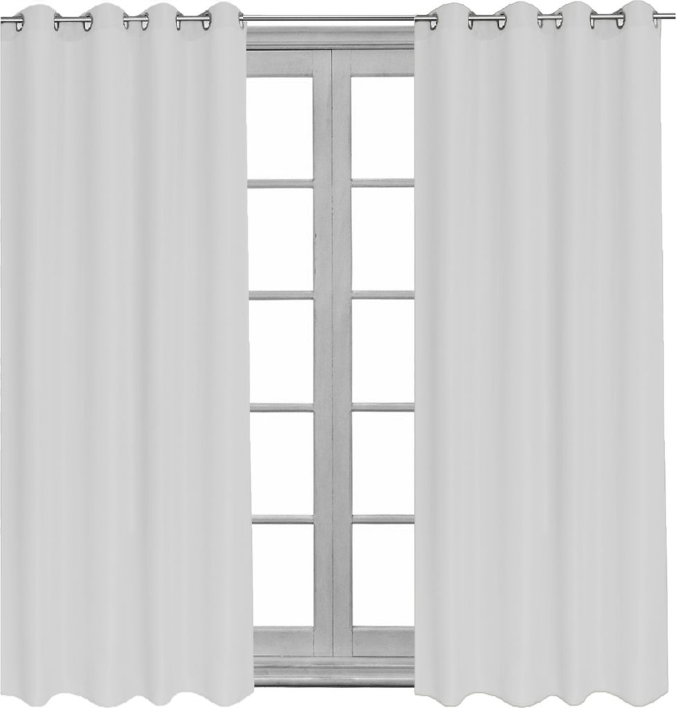 Two white curtains are shown hanging on a curtain rod in front of a window with multiple panes.