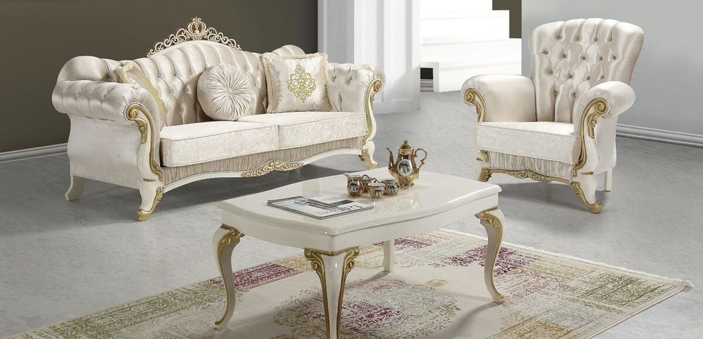 Casa Padrino Barock Wohnzimmer Set Champagnerfarben / Creme / Gold - 2 Sofas & 2 Sessel & 1 Couchtisch - Wohnzimmer Möbel - Edel & Prunkvoll
