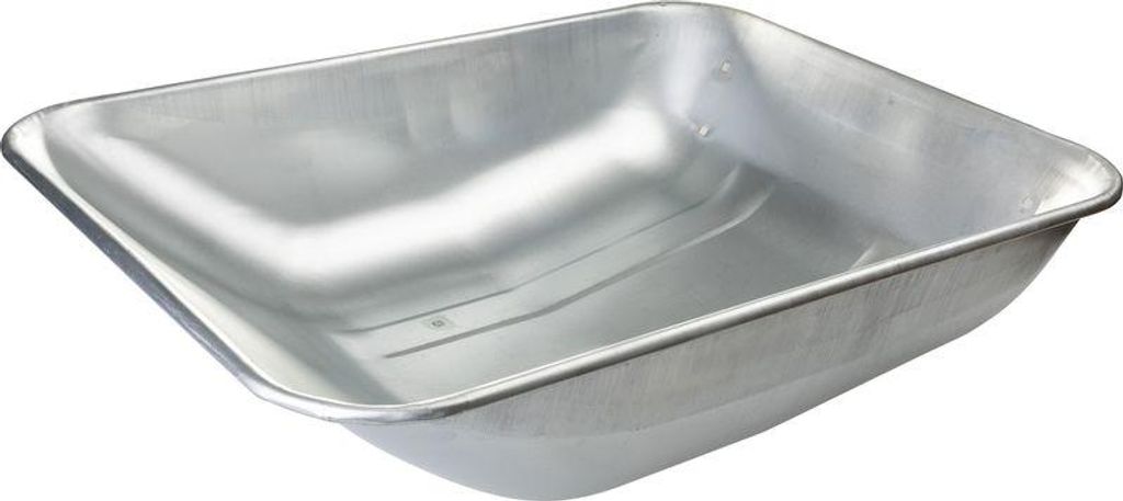 A close-up, studio shot of a silver wheelbarrow basin.