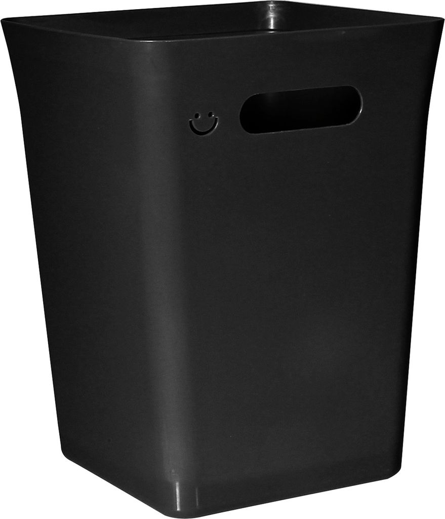 A black trash can with a smiley face logo and handles.