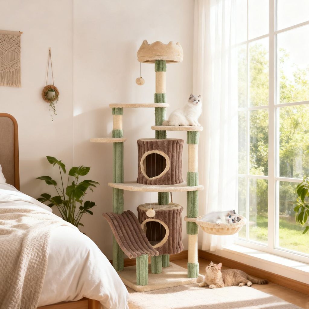 A cat tree is set up in a bedroom next to a bed and a window with natural light.