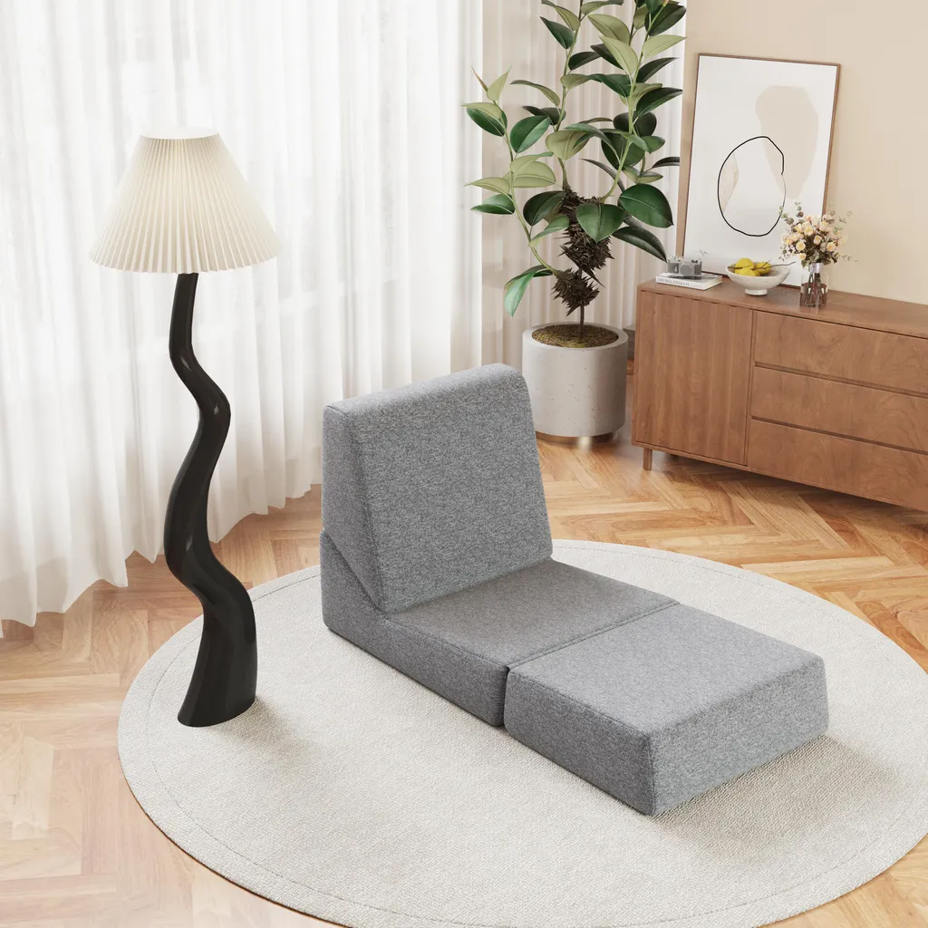 Matelas Pliant Triple et Canapé-Lit en Flanelle Grise OKWISH